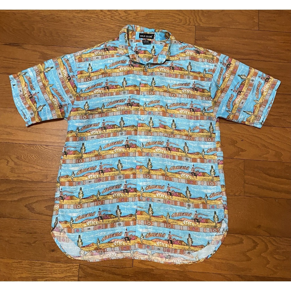 Vintage Silk Club Men 100%‎ Silk Button Down Top Size Medium M Arizona Desert
